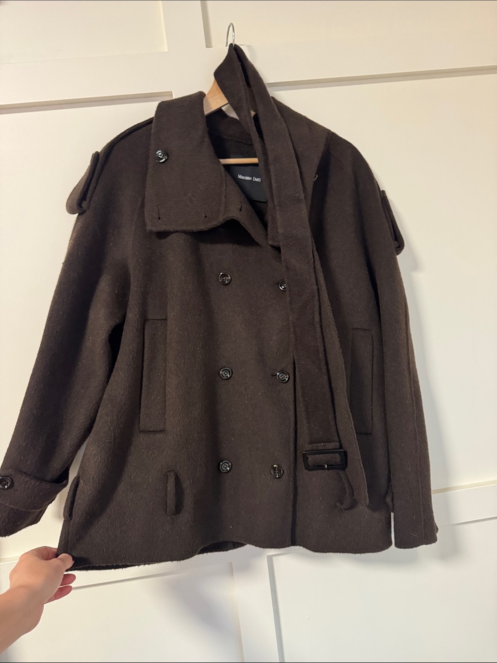 Massimo Dutti Men's Double-Breasted Peacoat in Dark Brown with Scarf Detail
